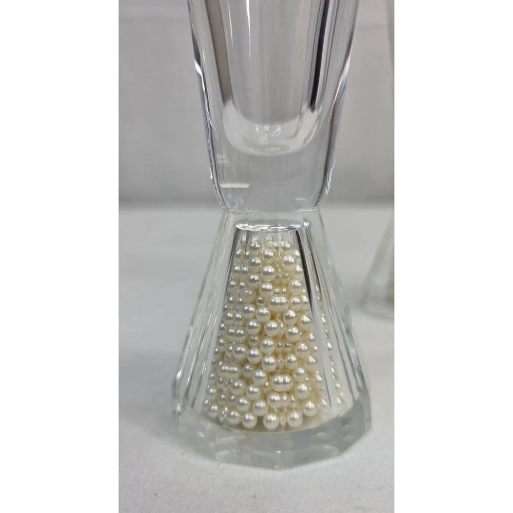 Pair of Faux Pearl Filled Base Champagne Flutes Wedding Toasting Glasses
